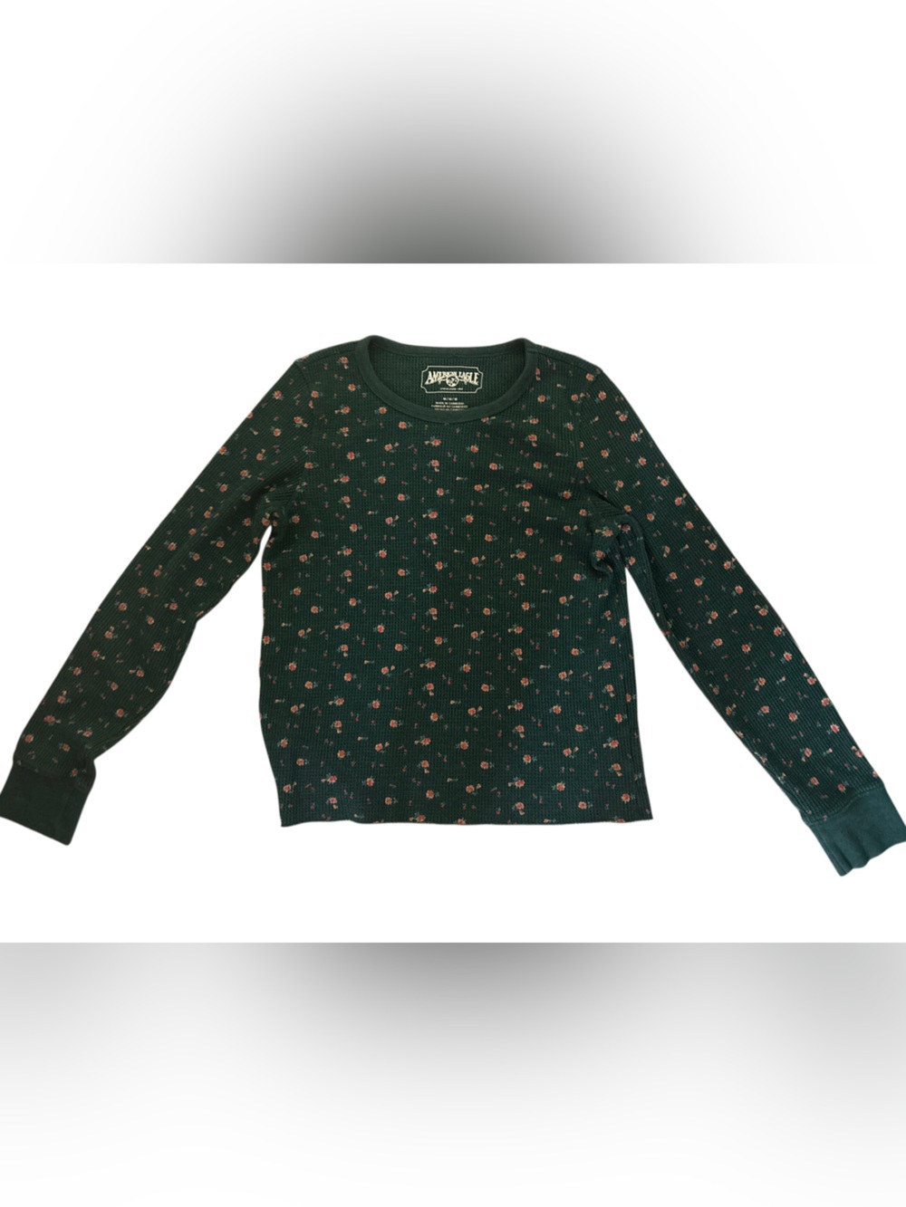 American Eagle Outfitters Dark Green Floral Waffle Long-Sleeve Tee